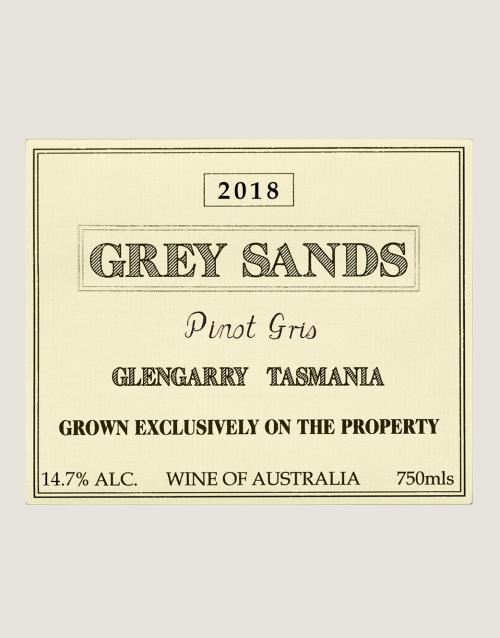Front label of Grey Sands 2018 Pinot Gris